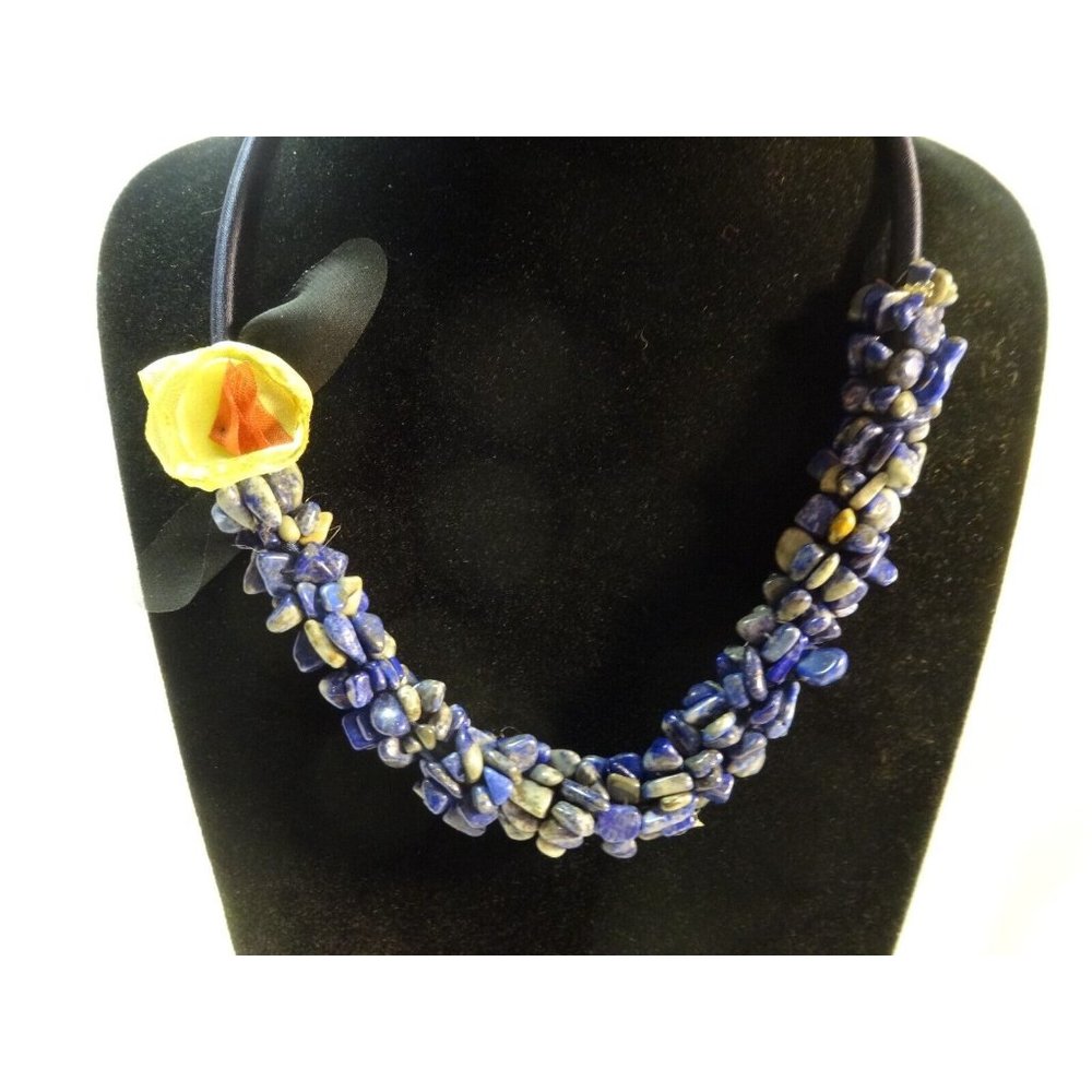 Polished Stone Statement NECKLACE Piece Artsy Blues Chunky 21"‎